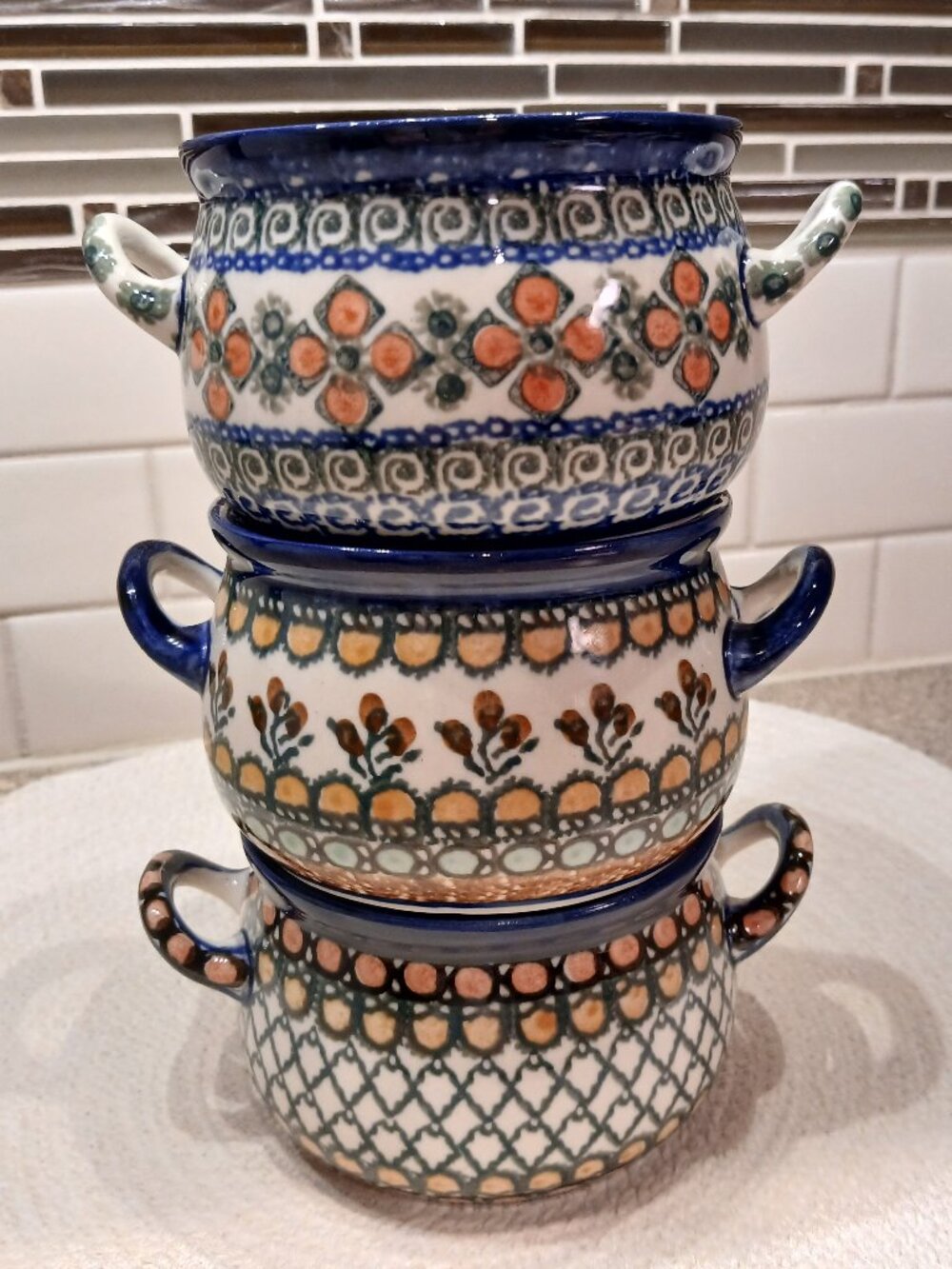 Trio of Signed Polish Pottery Small Baking/Soup Bowls with Handles - UNIKAT